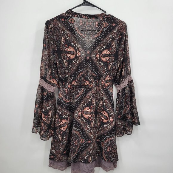 Free People Paisley Kimono Smocked Moonlight Bay Dress Mesh Belle Sleeve 2 Women - Picture 3 of 15